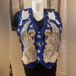 Vintage Sequin Christmas Vest Angels & Doves Holiday Religious BALI GEM Large
